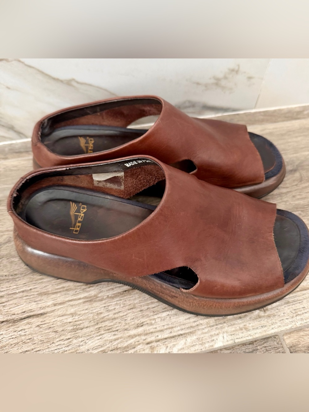 Dansko Women’s Brown Leather Slide Sandals with Cutout Peep Toe
